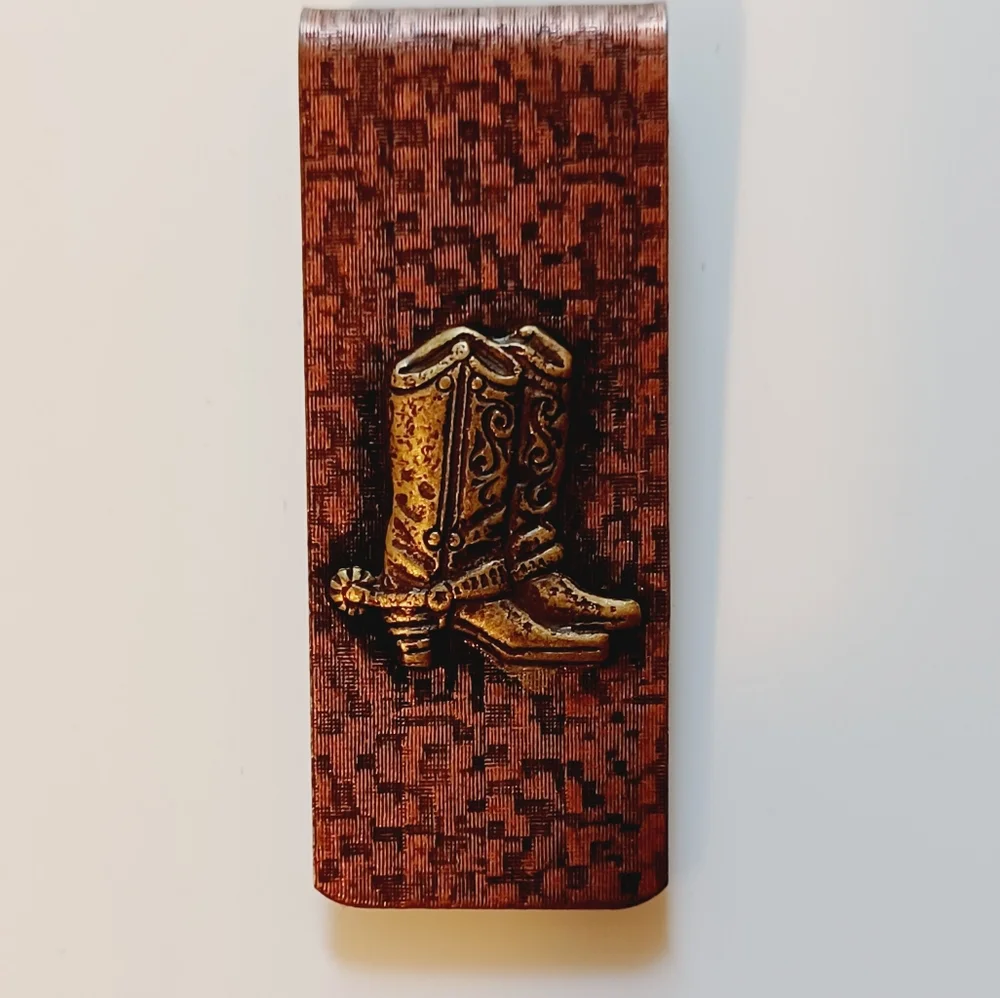 Hammered Copper Cowboy Boots With Spurs Money Clip. Vintage.